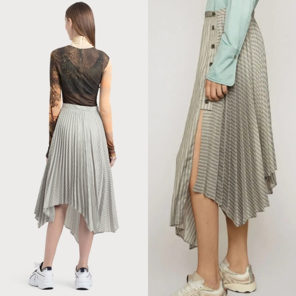 Acne Studios Ilia Stripe Asymmetric Pleated Midi Skirt Gray White 34/2 - Picture 3 of 14